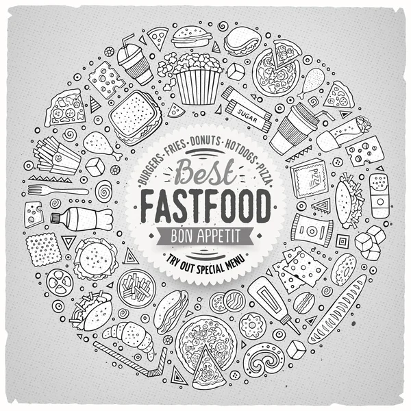 Aantal fastfood cartoon doodle objecten, symbolen en items — Stockvector