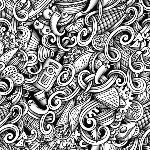 Cartoon hand-drawn doodles Mexican cuisine seamless pattern — Stock Vector