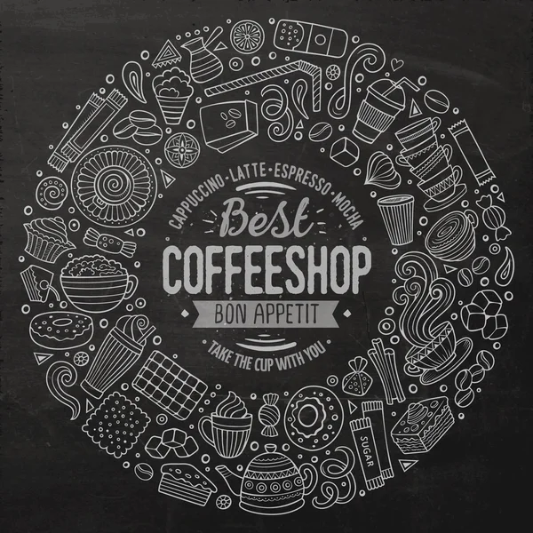 Conjunto de café desenhos animados doodle objetos, símbolos e itens — Vetor de Stock