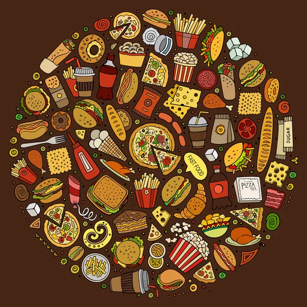 Reihe von Fast-Food-Cartoon-Doodle-Objekten, Symbolen und Gegenständen — Stockvektor