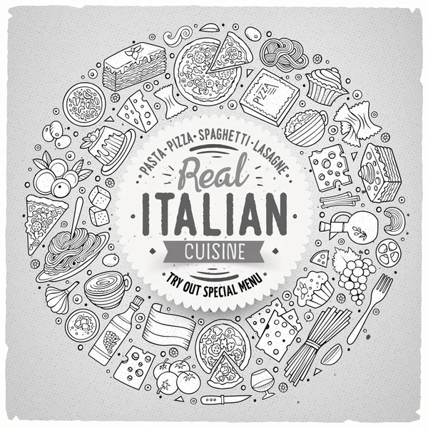 Conjunto de comida italiana de dibujos animados doodle objetos, símbolos y artículos — Archivo Imágenes Vectoriales
