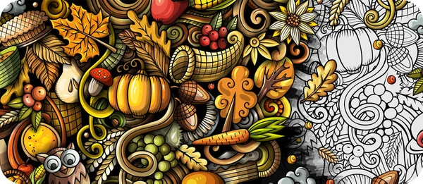Thanksgiving Day Doodle Banner Design Cartoon Hintergrund Vorlage Für Ernteflyer — Stockfoto