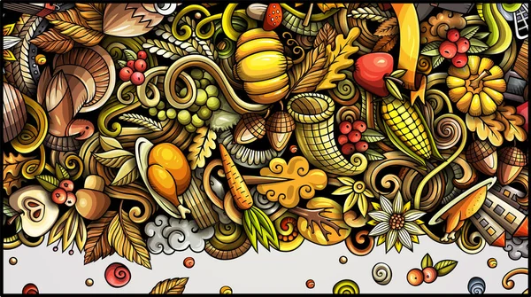 Thanksgiving Day Doodle Banner Design Cartoon Background Harvest Flyer Template — Stock Photo, Image