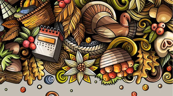 Thanksgiving Dag Doodle Banner Ontwerp Cartoon Achtergrond Oogstflyer Sjabloon Kleur — Stockfoto