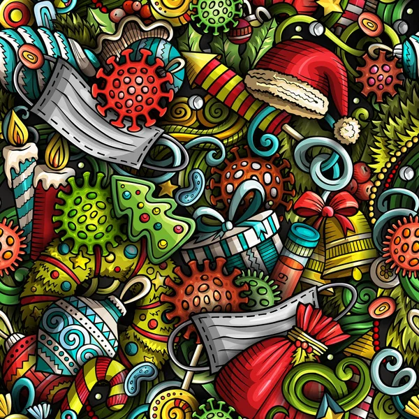 Cartoon Cute Doodles New Year Coronavirus Seamless Pattern Colorful Detailed — Stock Photo, Image