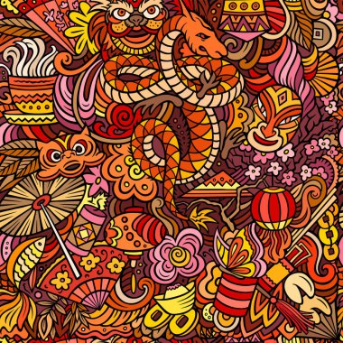 Cartoon cute doodles Chinese New Year seamless pattern. Colorful background. Backdrop with China symbols and items vector Cartoon cute doodles Chinese New Year seamless pattern. Colorful background. Backdrop with China symbols and items vector