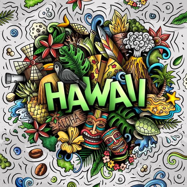 Hawaii handgezeichnete Zeichentrickkritzelillustration. Lustiges Hawaiianisches Design — Stockfoto