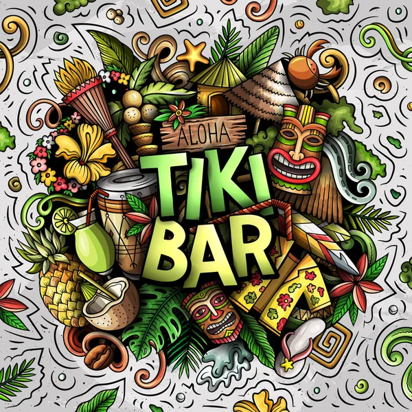 Tiki Bar χέρι ζωγραφισμένα κινούμενα σχέδια doodle εικόνα. Αστείος Χαβανέζικος σχεδιασμός — Φωτογραφία Αρχείου