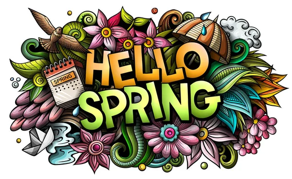 こんにちは春の手描きの漫画の落書きイラスト。面白い季節のデザイン. — ストック写真