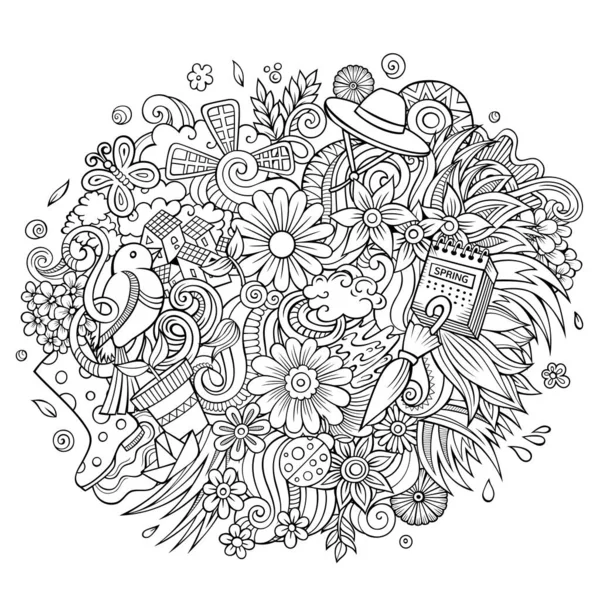 Άνοιξη χέρι ζωγραφισμένα κινούμενα σχέδια doodle εικόνα. Αστείος εποχιακός σχεδιασμός — Φωτογραφία Αρχείου