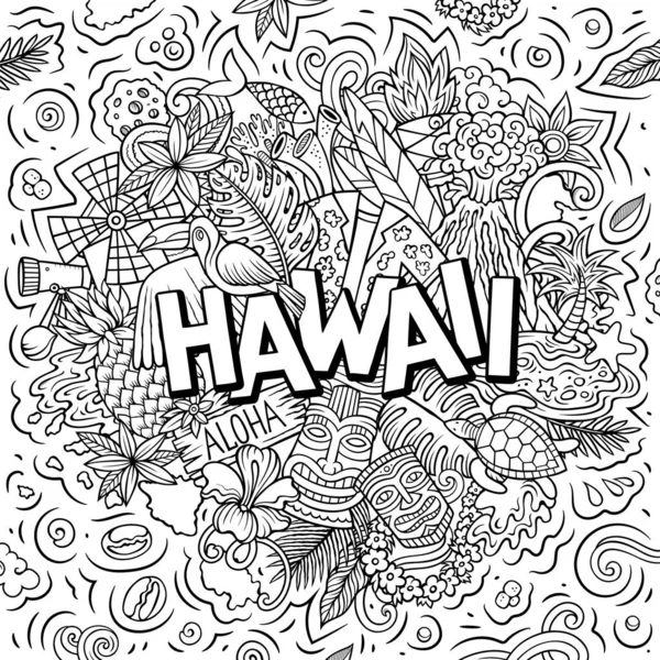 Hawaii disegnato a mano fumetto doodle illustrazione. Divertente design hawaiano — Foto Stock