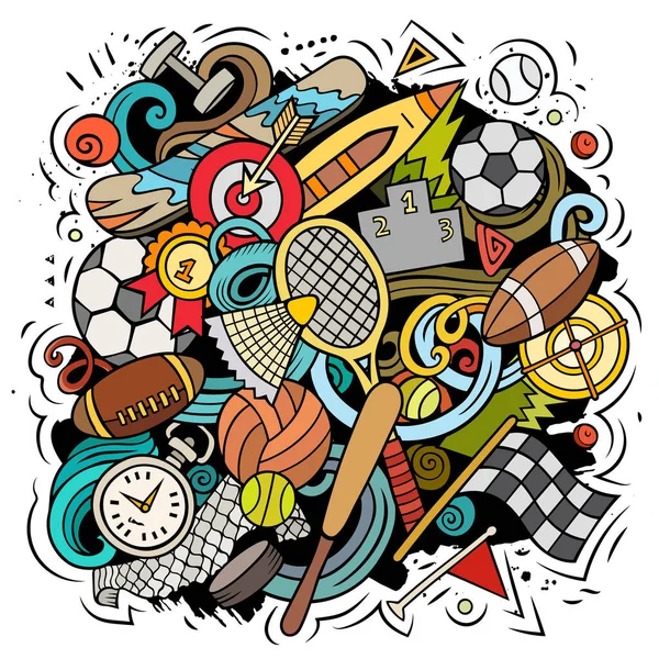Sport cartoon doodle illustration. Funny creative raster background. Sporting elements and objects. Colorful composition