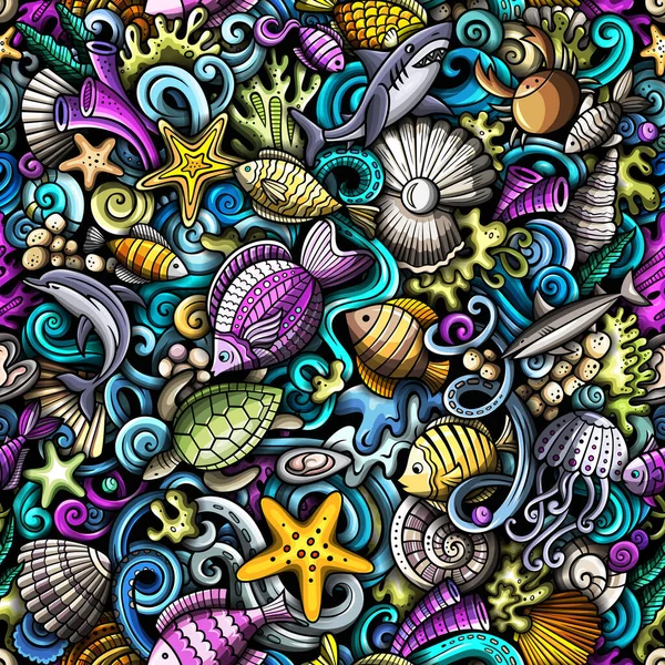 Cartoon Doodles Sea Life Naadloos Patroon Achtergrond Met Onderwater Symbolen — Stockfoto