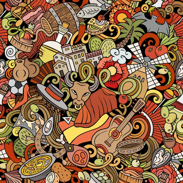 Cartoon doodles Spain seamless pattern. Latar Belakang dengan butir budaya Spanyol — Stok Foto