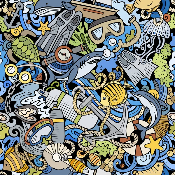 Cartoon Doodles Diving Nahtlose Muster Hintergrund Mit Schnorchelsymbolen Und Gegenständen — Stockfoto