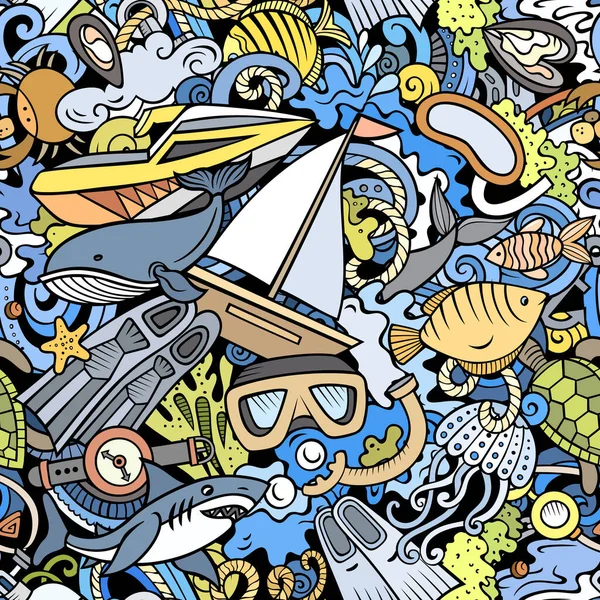 Desenhos Animados Doodles Mergulho Sem Costura Padrão Fundo Com Snorkeling — Fotografia de Stock