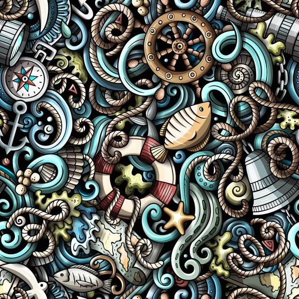 Cartoon Doodles Nautische Nahtlose Muster Hintergrund Mit Maritimen Symbolen Und — Stockfoto