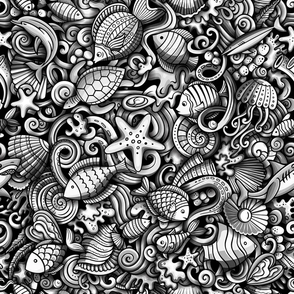 Cartoon doodles Sea Life seamless pattern. Backdrop with underwater symbols and items. Monochrome detailed background for print on fabric, textile, phone cases, wrapping paper. All objects separate.