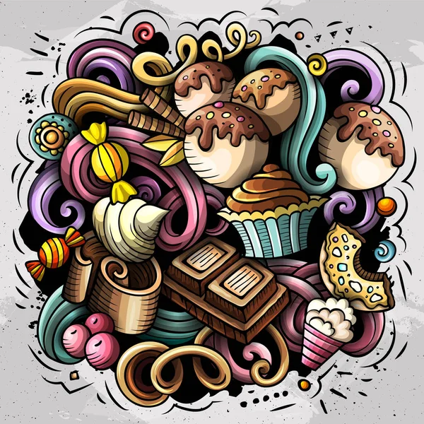 甘い食べ物ラスターの落書きイラスト デザート要素とオブジェクト漫画の背景 明るい色面白い画像 すべてのアイテムが分離 — ストック写真