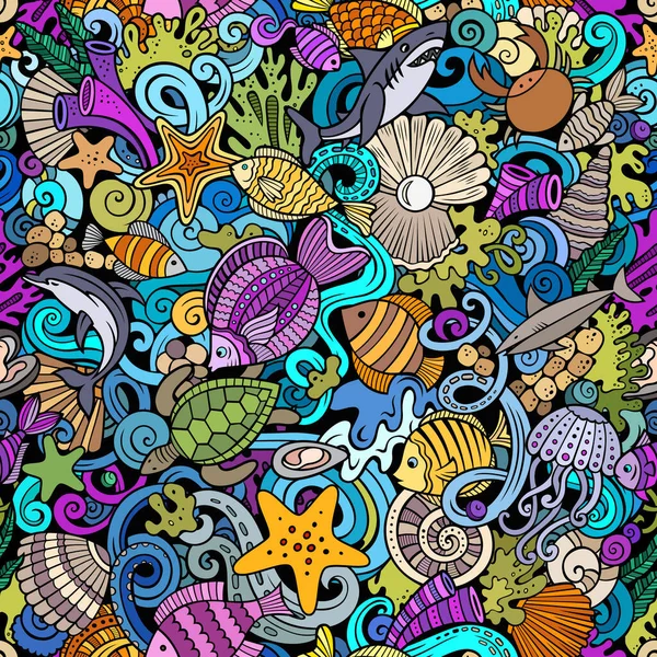 Cartoon Doodles Sea Life Naadloos Patroon Achtergrond Met Onderwater Symbolen — Stockfoto