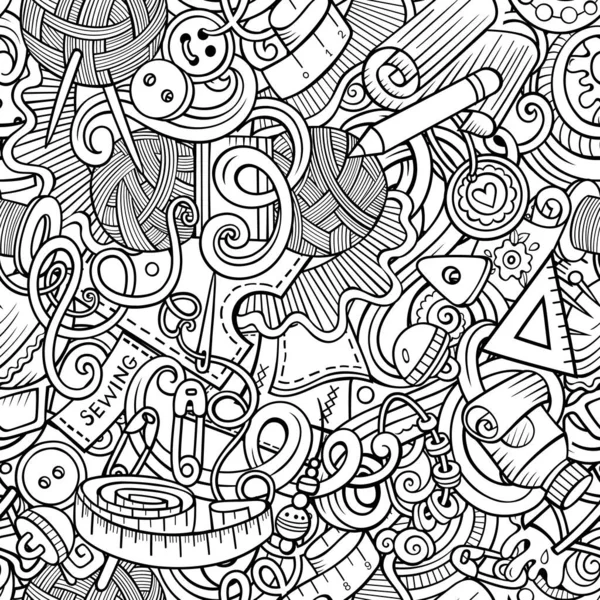 Handmade hand drawn doodles seamless pattern. Sewing and knitting background. Cartoon coloring page design. Sketchy raster handicraft illustration