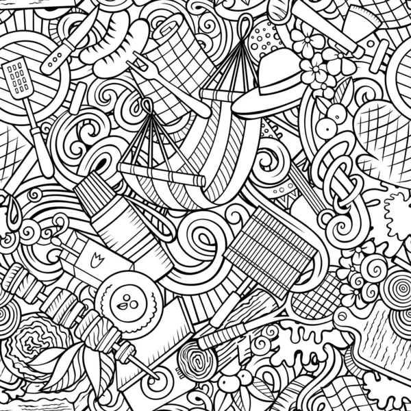 Picnic hand drawn doodles seamless pattern. BBQ background. Cartoon food and nature coloring page design. Sketchy raster barbecue and grill illustration