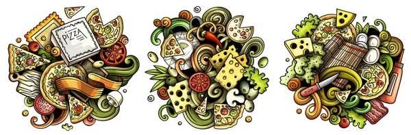比萨卡车司机涂鸦设计集 色彩斑斓的精美构图 有许多比萨饼的物体和符号 被白色的插图隔开 — 图库照片
