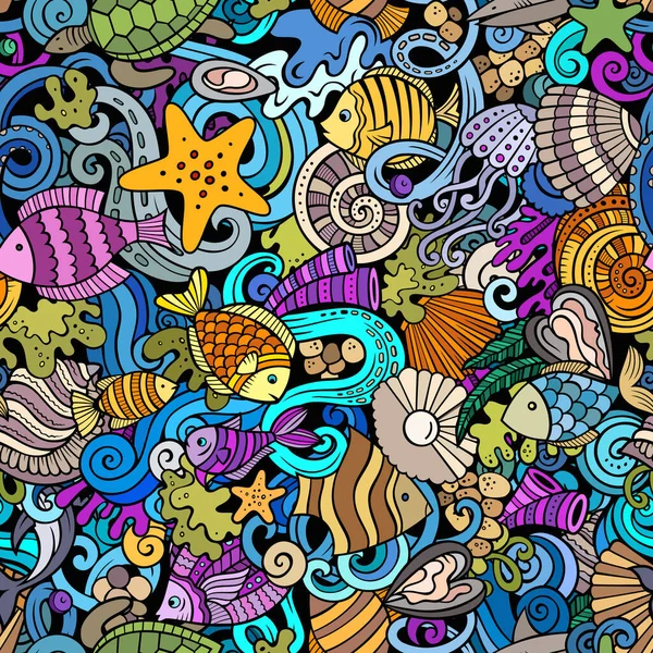 Kreskówka Bazgroły Sea Life Płynny Wzór Tło Podwodnymi Symbolami Przedmiotami — Zdjęcie stockowe