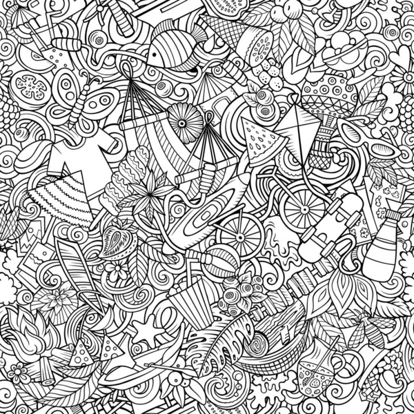 Cartoon doodles Summer seamless pattern. Backdrop with Summertime activities symbols and items. Sketchy detailed background for print, coloring pages, wrapping paper.