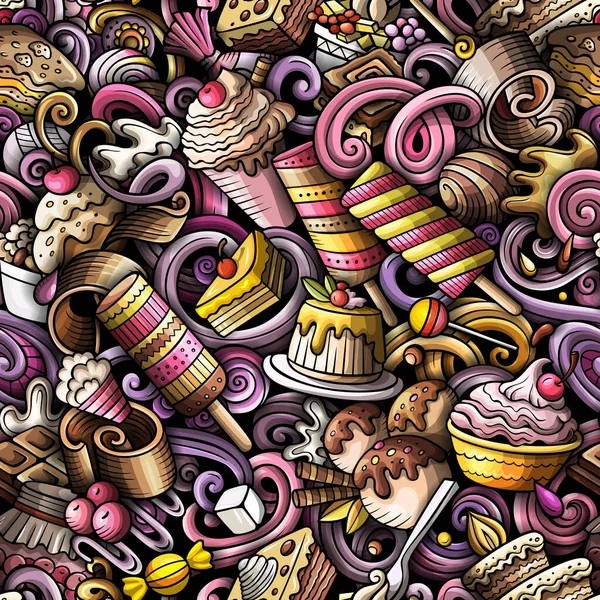 Cartoon Doodles Επιδόρπια Αδιάλειπτη Μοτίβο Backdrop Γλυκά Σύμβολα Τροφίμων Και — Φωτογραφία Αρχείου