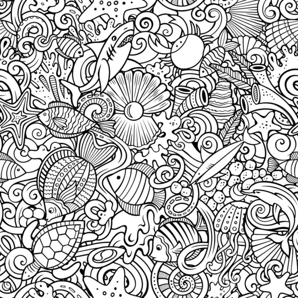 Cartoon doodles Sea Life seamless pattern. Backdrop with underwater symbols and items. Sketchy detailed background for print, coloring books, wrapping paper.