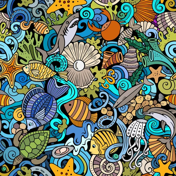 Cartoon doodles Sea Life seamless pattern. Backdrop with underwater symbols and items. Colorful detailed background for print on fabric, textile, phone cases, wrapping paper. All objects separate.