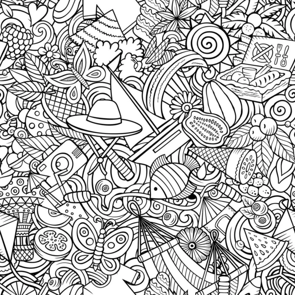 Cartoon doodles Summer seamless pattern. Backdrop with Summertime activities symbols and items. Sketchy detailed background for print, coloring pages, wrapping paper.