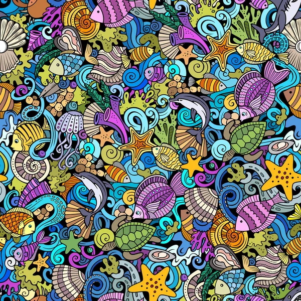 Cartoon doodles Sea Life seamless pattern. Backdrop with underwater symbols and items. Colorful detailed background for print on fabric, textile, phone cases, wrapping paper. All objects separate.