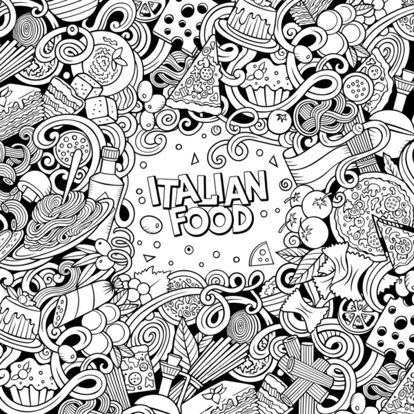 Cartoon Raster Doodles Italienischen Essensrahmen Skizzenhaft Detailliert Mit Vielen Objekten — Stockfoto