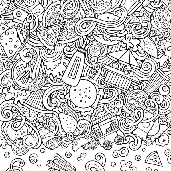 Fastfood mão desenhada raster doodles ilustração. Design de cartão de quadro de comida rápida — Fotografia de Stock
