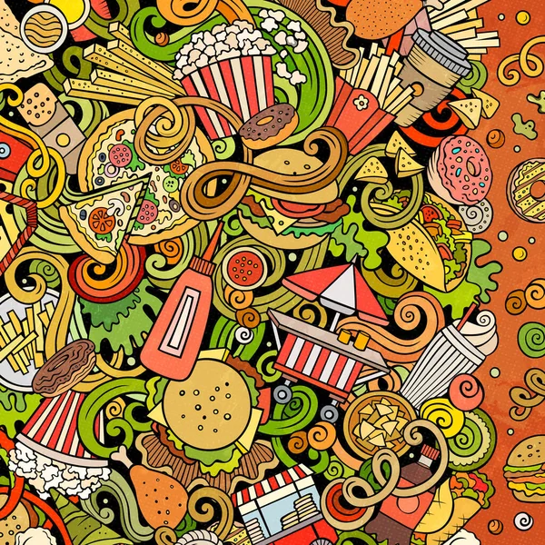Fastfood handritade raster doodles illustration. Snabb mat ram kort design — Stockfoto