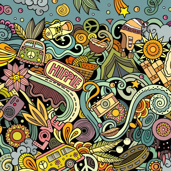 Hippie met de hand getekend raster doodles illustratie. Hippy frame kaart ontwerp. — Stockfoto