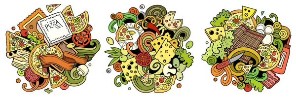 Pizza cartoon raster doodle designs set. — Stockfoto