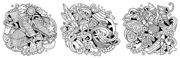 Verano playa dibujos animados raster doodle diseños conjunto. — Foto de Stock