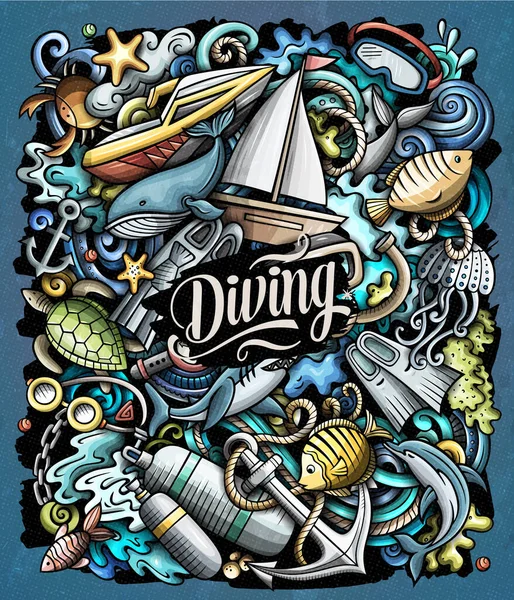 Diving cartoon raster doodles illustration. — Stockfoto