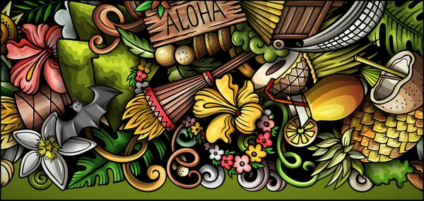 Hawaii handritade doodle banner. Tecknad raster detaljerad flygblad. — Stockfoto