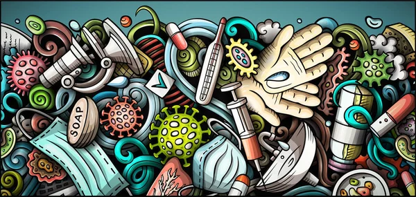Coronavirus mão desenhado doodle banner. Folheto detalhado do raster dos desenhos animados. — Fotografia de Stock