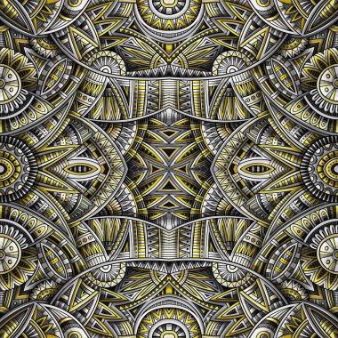 Abstract ethnic rug ornamental seamless pattern. Vector vintage yellow and grey background. Pantone colors of the year 2021 tribal square design for print on fabric, textile, greeting cards, phone cases, scarves, wrapping paper clipart