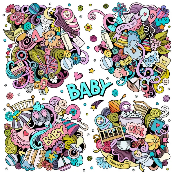 Baby Cartone Animato Vettoriale Doodle Disegni Set Colorate Composizioni Dettagliate — Vettoriale Stock