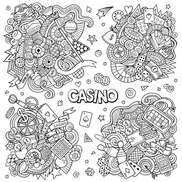 Casino Dibujos Animados Vector Doodle Diseños Conjunto Line Art Composiciones — Archivo Imágenes Vectoriales