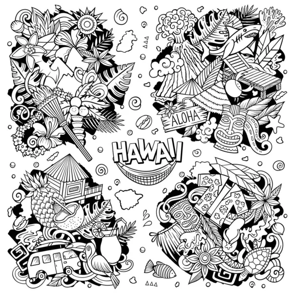 夏威夷卡通矢量涂鸦设计集 线条艺术用夏威夷的许多物体和符号进行精细的创作 所有项目都是分开的 — 图库矢量图片