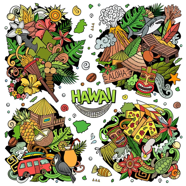 夏威夷卡通矢量涂鸦设计集 五颜六色的精美作品 有许多夏威夷的物体和符号 所有项目都是分开的 — 图库矢量图片