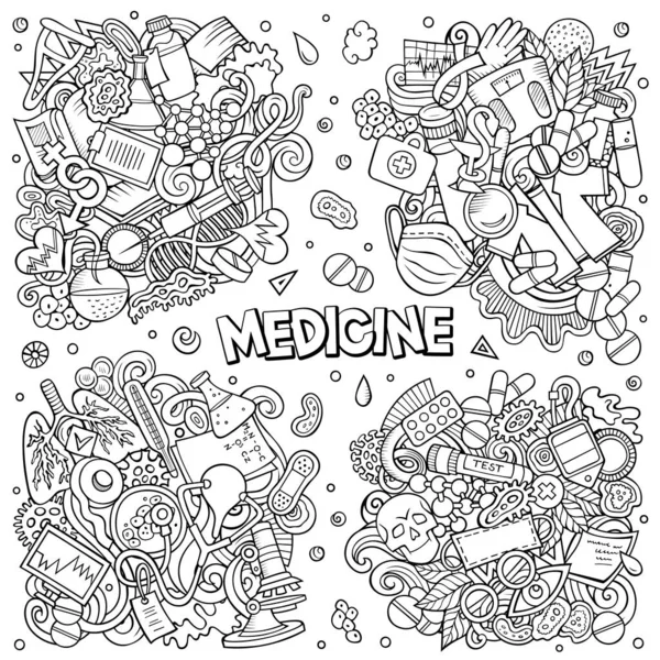 Medicina Cartone Animato Vettoriale Doodle Disegni Set Linea Arte Composizioni — Vettoriale Stock