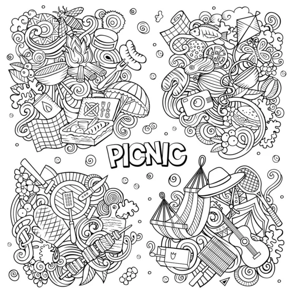 Picnic Dibujos Animados Vector Doodle Diseños Conjunto Línea Arte Detalladas — Archivo Imágenes Vectoriales